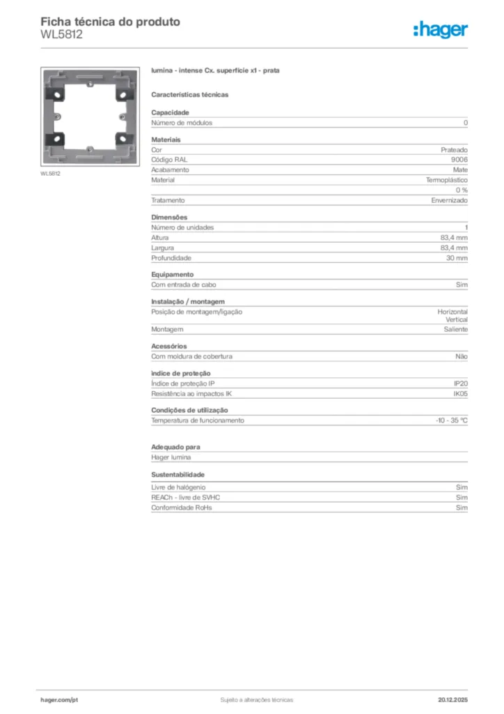 Imagem Hager Ficha técnica do produto WL5812 | Hager Portugal