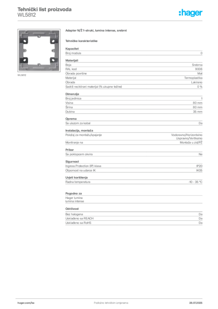 Slika Hager Product data sheet WL5812  | Hager