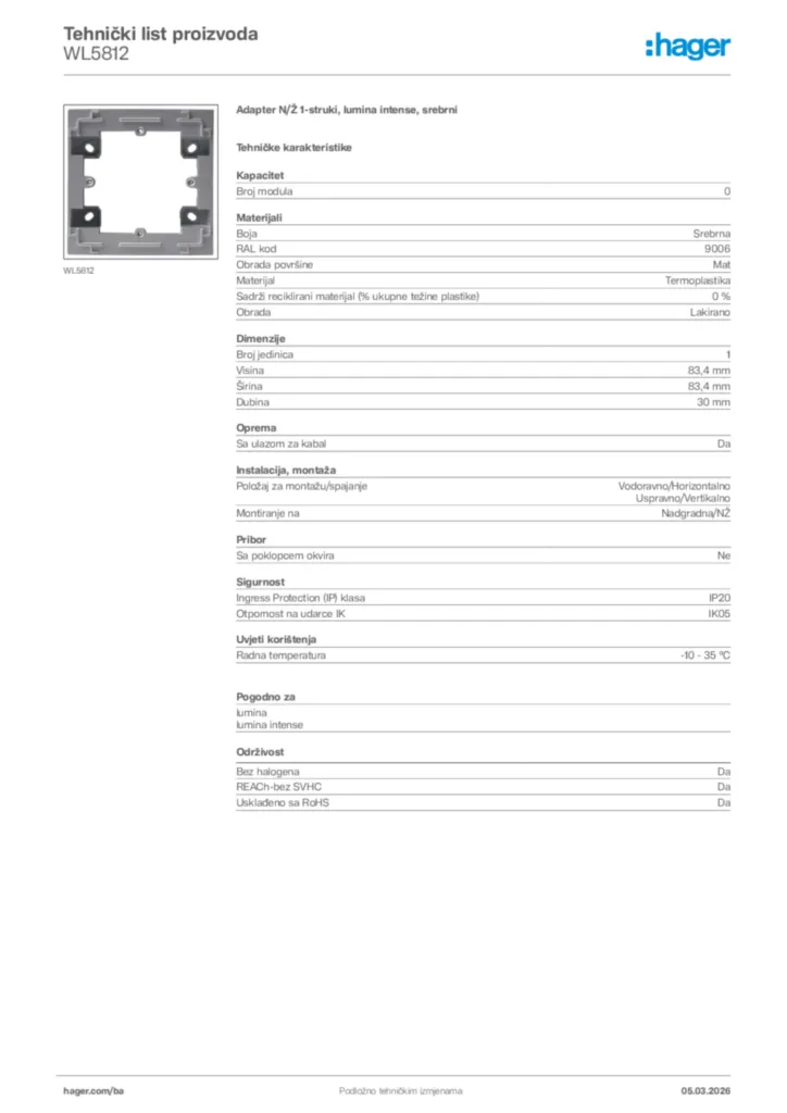 Slika Hager Tehnički list proizvoda WL5812  | Hager