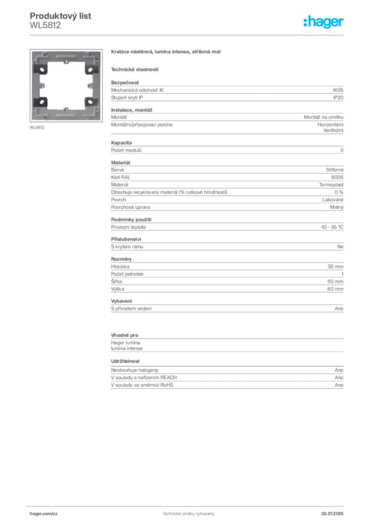 Obrázek Hager Produktový list WL5812 | Hager