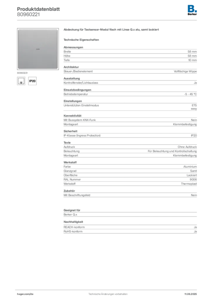 Bild Berker Produktdatenblatt 80960221 | Hager Deutschland