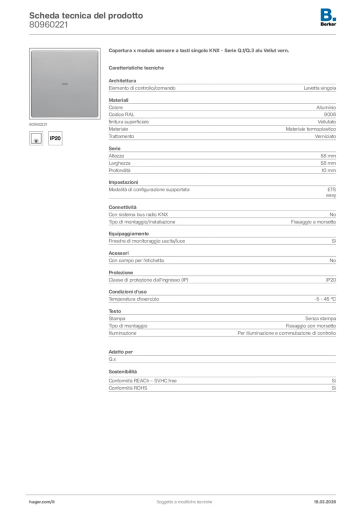 Immagine Berker Scheda tecnica del prodotto 80960221 | Hager Italia