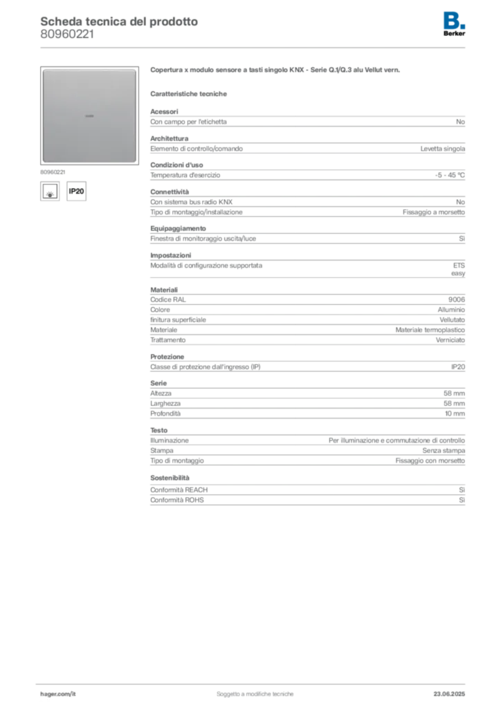 Immagine Berker Scheda tecnica del prodotto 80960221 | Hager Italia