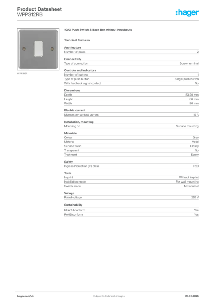 Image Hager Product data sheet WPPS12RB  | Hager