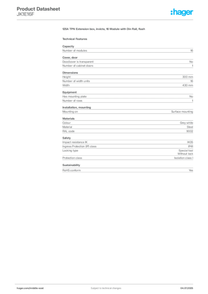 Image Hager Product data sheet JK1E16F  | Hager