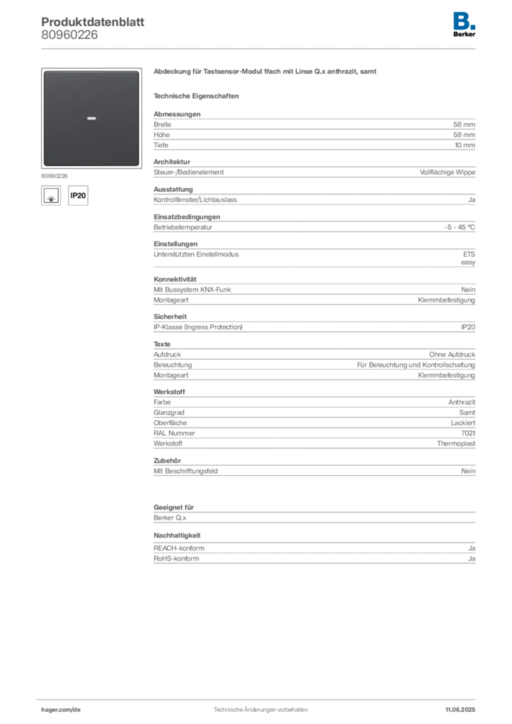 Bild Berker Produktdatenblatt 80960226 | Hager Deutschland