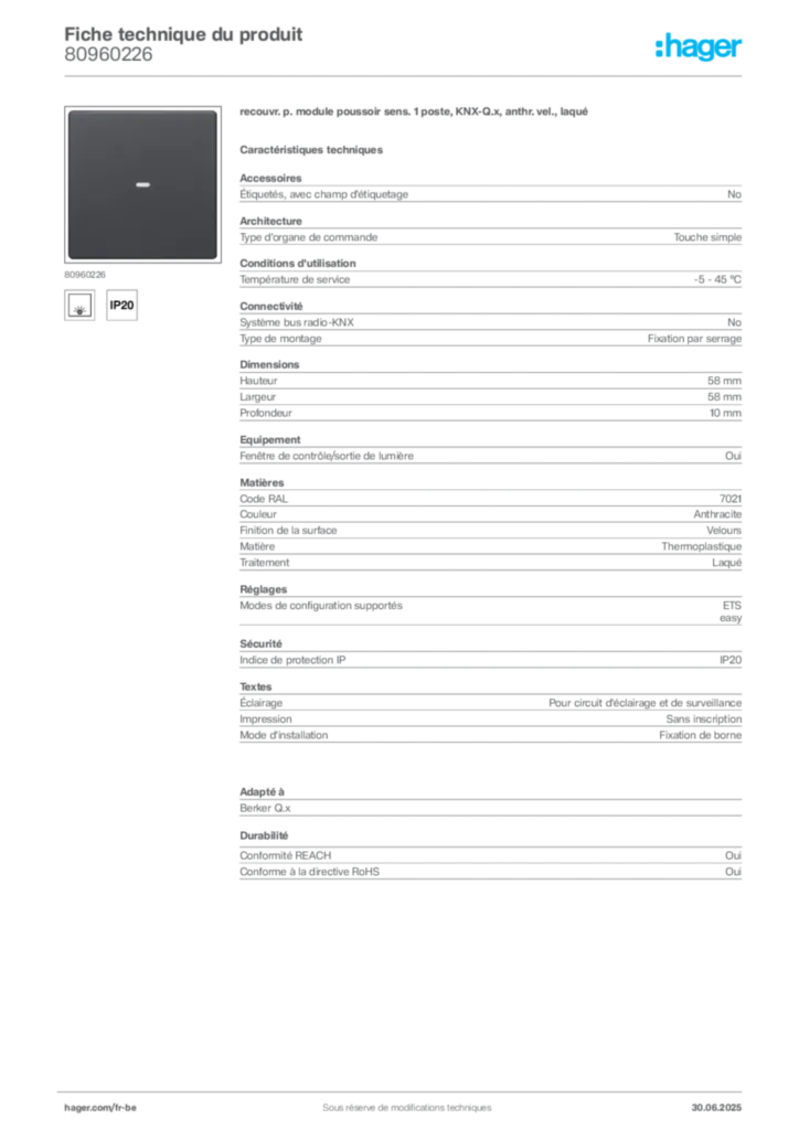 Image Hager Fiche technique du produit 80960226 | Hager Belgique