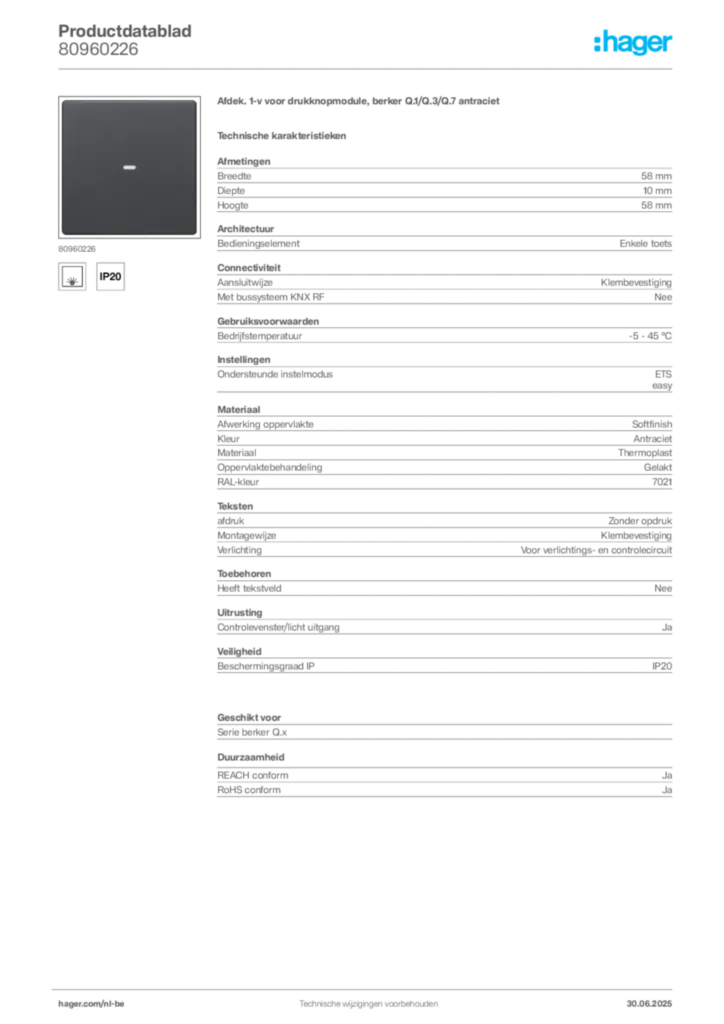 Afbeelding Hager Productdatablad 80960226 | Hager Belgium