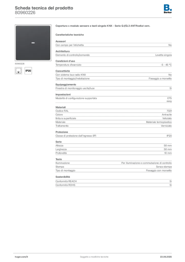 Immagine Berker Scheda tecnica del prodotto 80960226 | Hager Italia