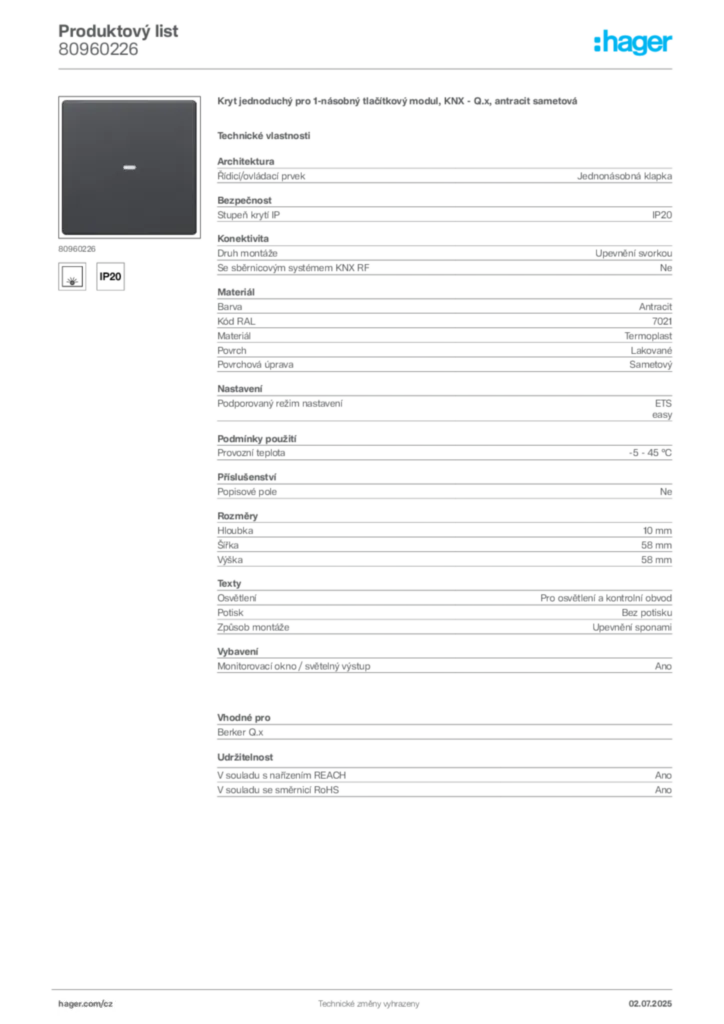 Obrázek Hager Produktový list 80960226 | Hager