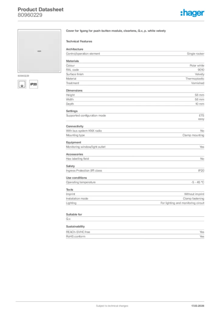 Image Hager Product data sheet 80960229  | Hager Africa