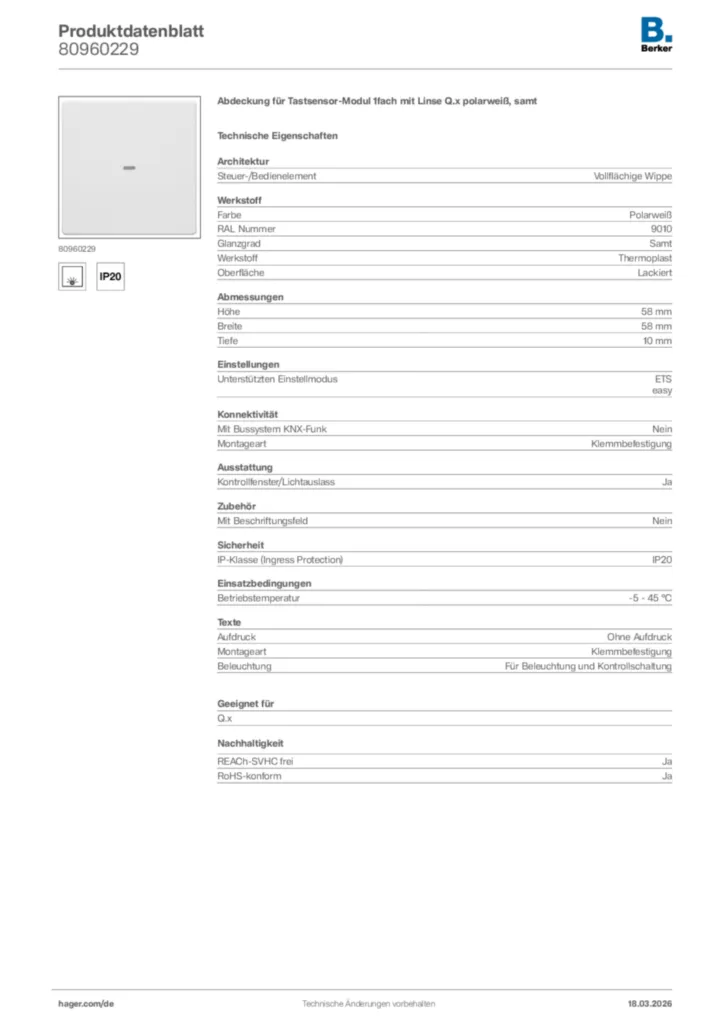 Bild Berker Produktdatenblatt 80960229 | Hager Deutschland