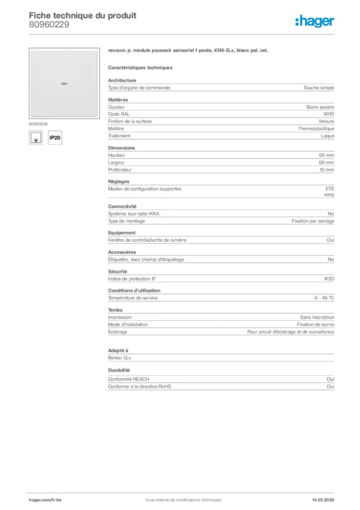 Image Hager Fiche technique du produit 80960229 | Hager Belgique