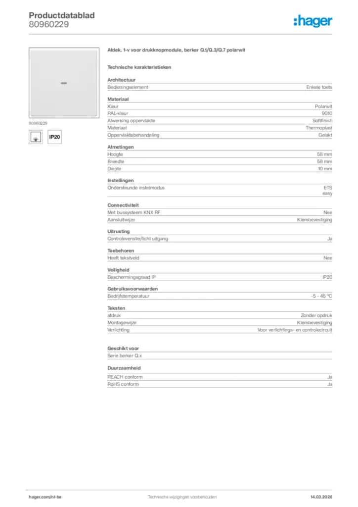 Afbeelding Hager Productdatablad 80960229 | Hager Belgium