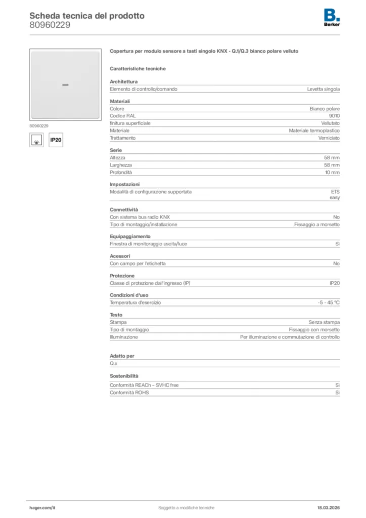 Immagine Berker Scheda tecnica del prodotto 80960229 | Hager Italia