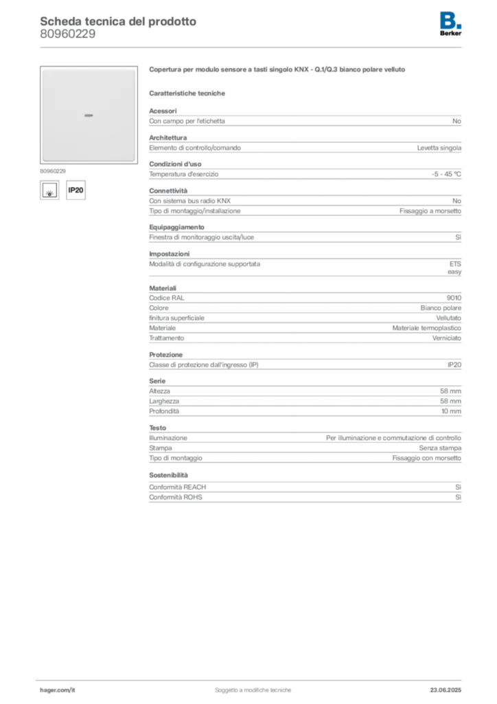 Immagine Berker Scheda tecnica del prodotto 80960229 | Hager Italia
