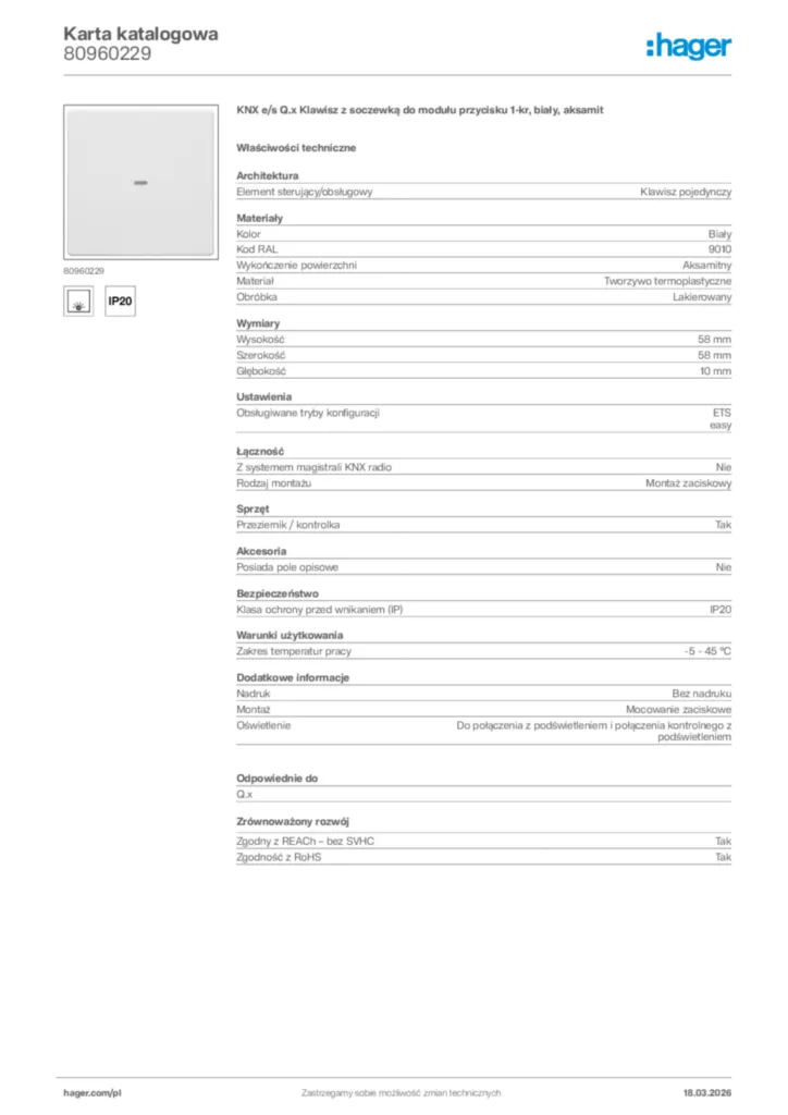 Zdjęcie Hager Karta katalogowa 80960229 | Hager Polska