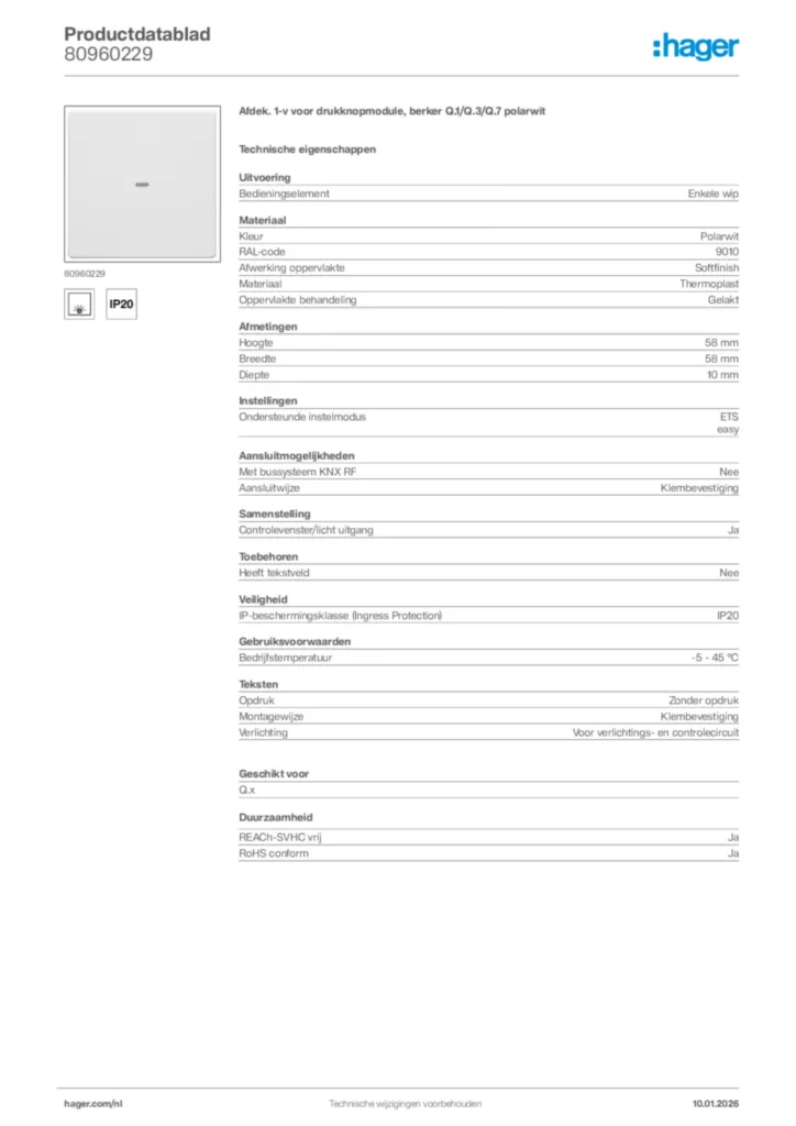 Afbeelding Hager Productdatablad 80960229 | Hager Nederland