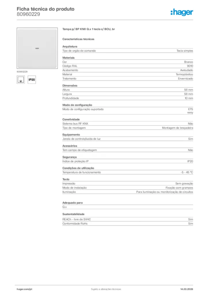 Imagem Hager Ficha técnica do produto 80960229 | Hager Portugal