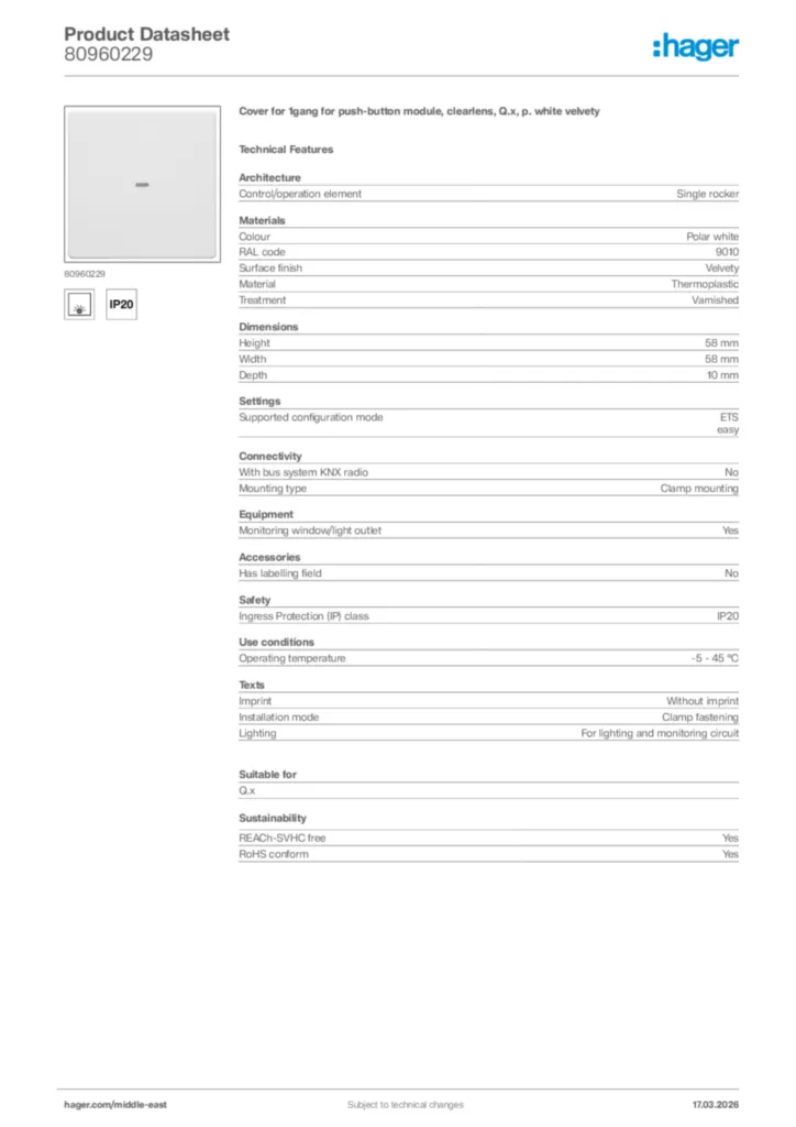 Image Hager Product data sheet 80960229  | Hager
