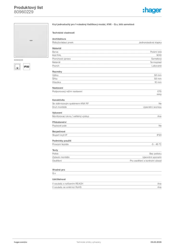 Obrázek Hager Product data sheet 80960229 | Hager