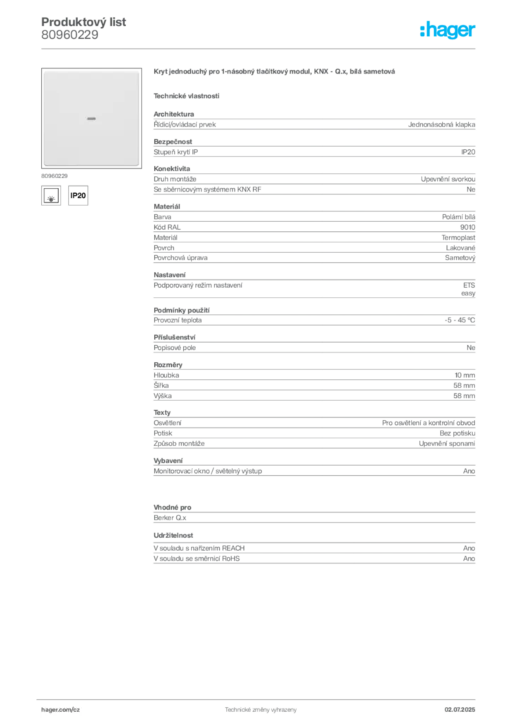 Obrázek Hager Produktový list 80960229 | Hager