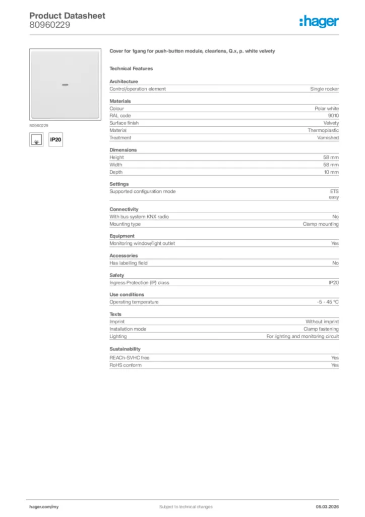 Image Hager Product data sheet 80960229  | Hager