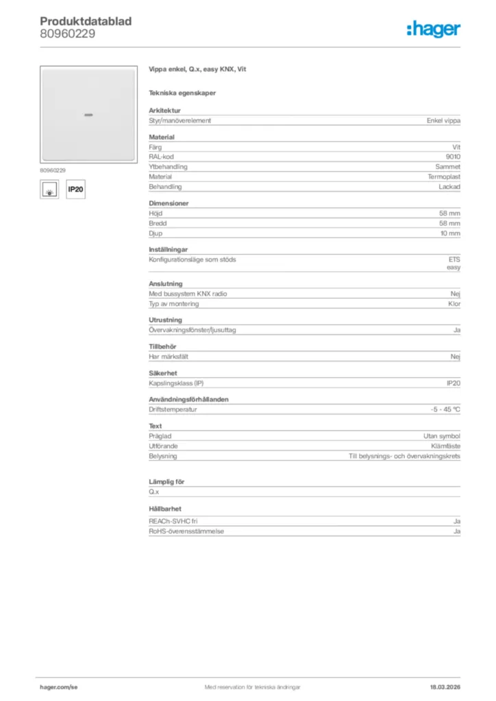 Bild Hager Produktdatablad 80960229 | Hager Sverige