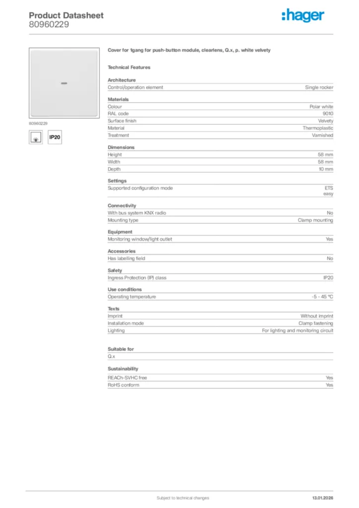 Image Hager Product data sheet 80960229  | Hager