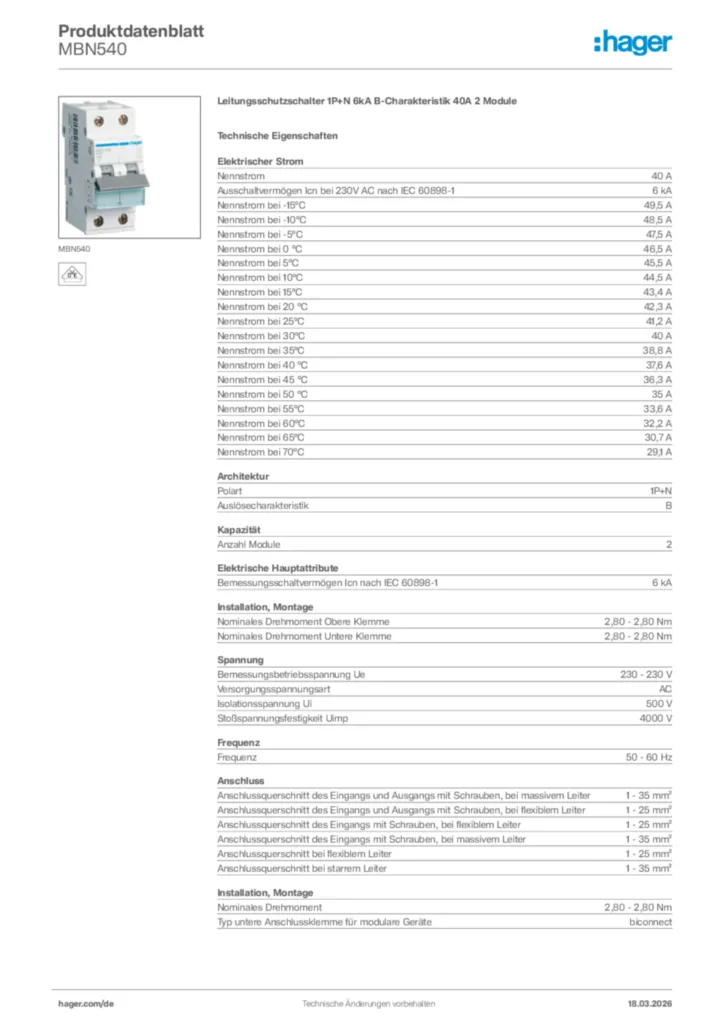 Bild Hager Produktdatenblatt MBN540 | Hager Deutschland