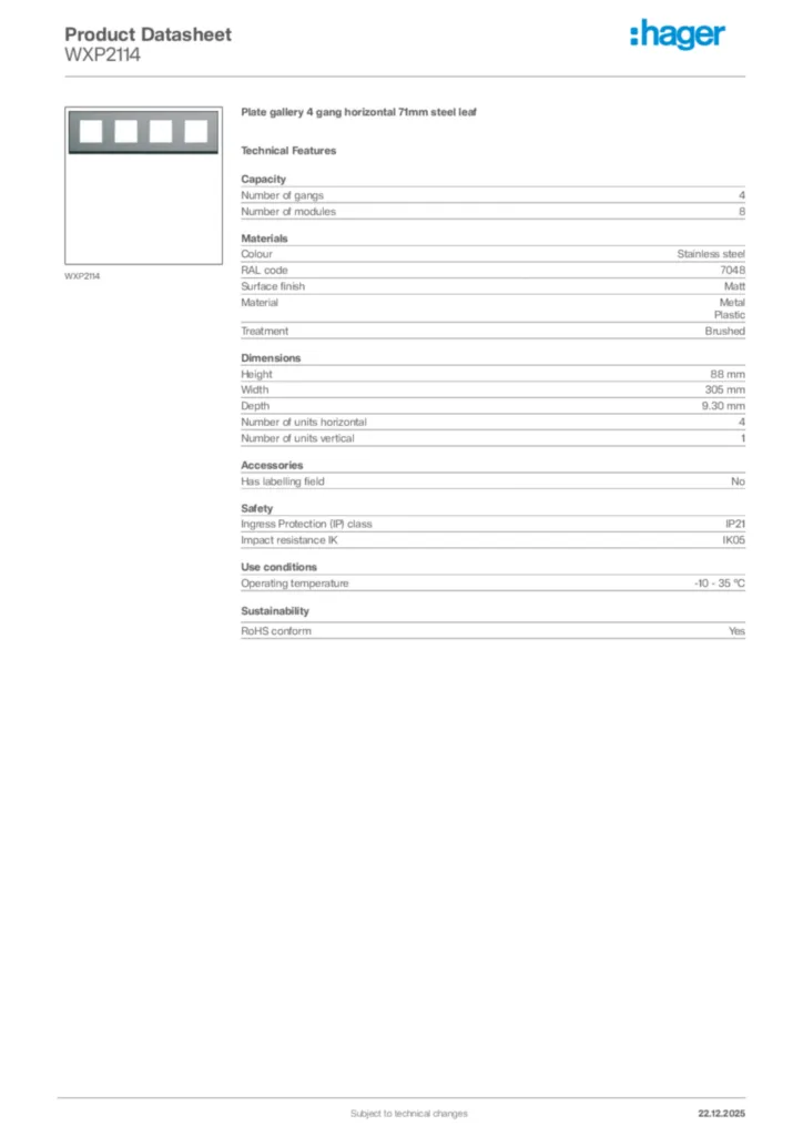 Image Hager Product data sheet WXP2114  | Hager Africa