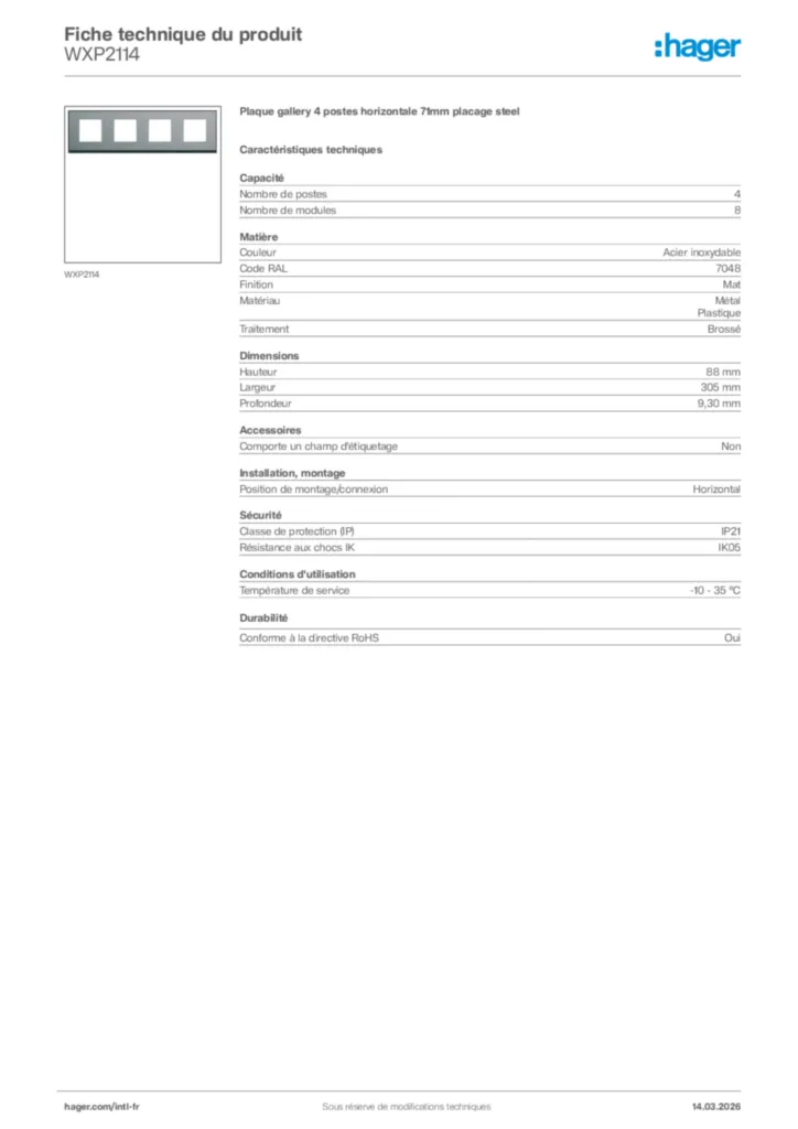 Image Hager Fiche technique du produit WXP2114 | Hager Afrique