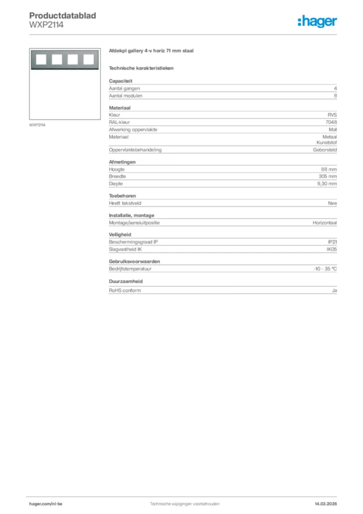 Afbeelding Hager Productdatablad WXP2114 | Hager Belgium