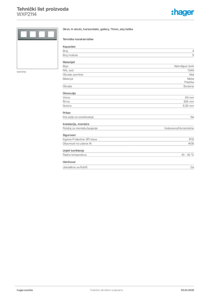 Slika Hager Tehnički list proizvoda WXP2114  | Hager
