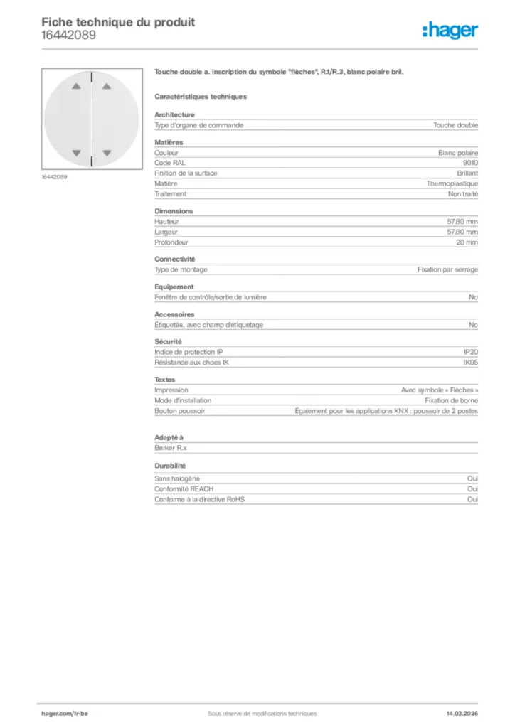 Image Hager Fiche technique du produit 16442089 | Hager Belgique