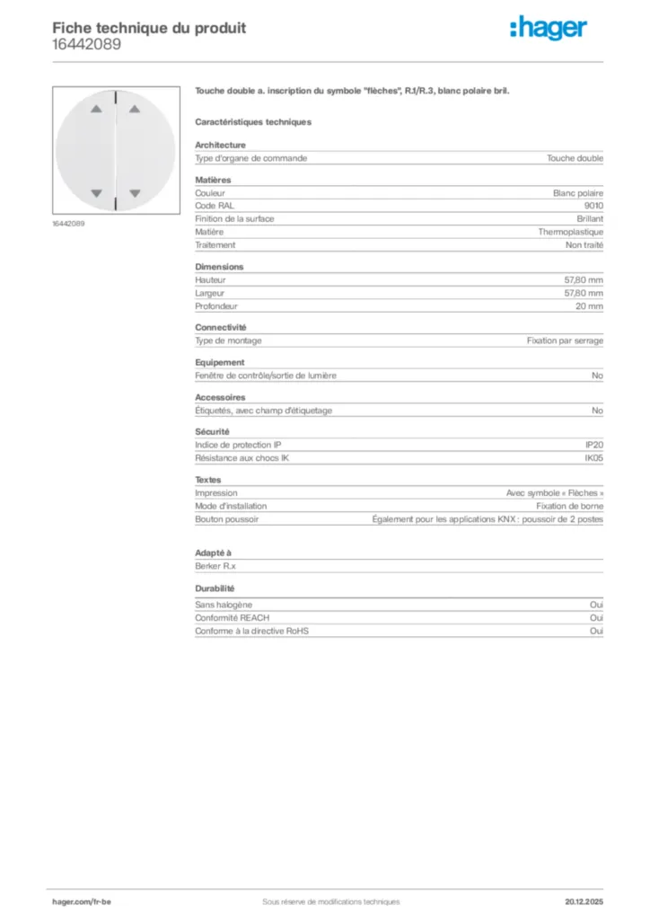 Image Hager Fiche technique du produit 16442089 | Hager Belgique