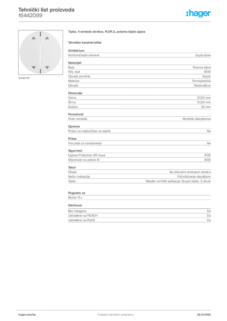 Slika Hager Product data sheet 16442089  | Hager