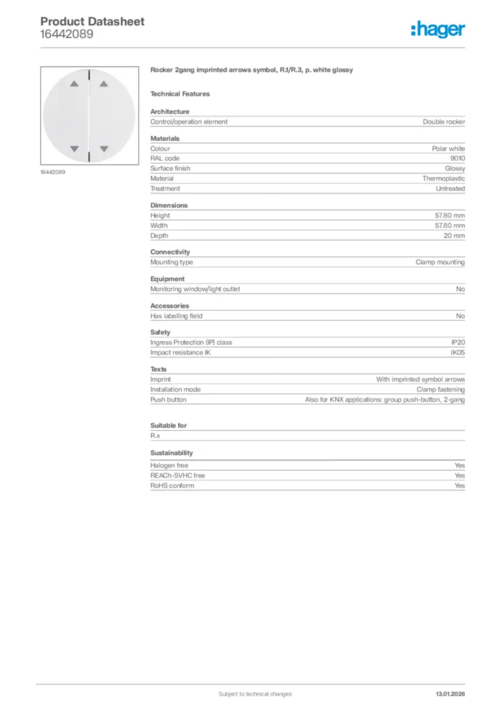 Image Hager Product data sheet 16442089  | Hager