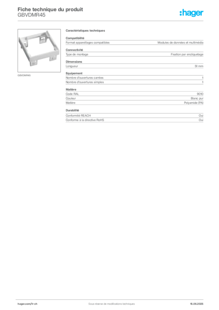 Image Hager Fiche technique du produit GBVDMR45 | Hager Suisse