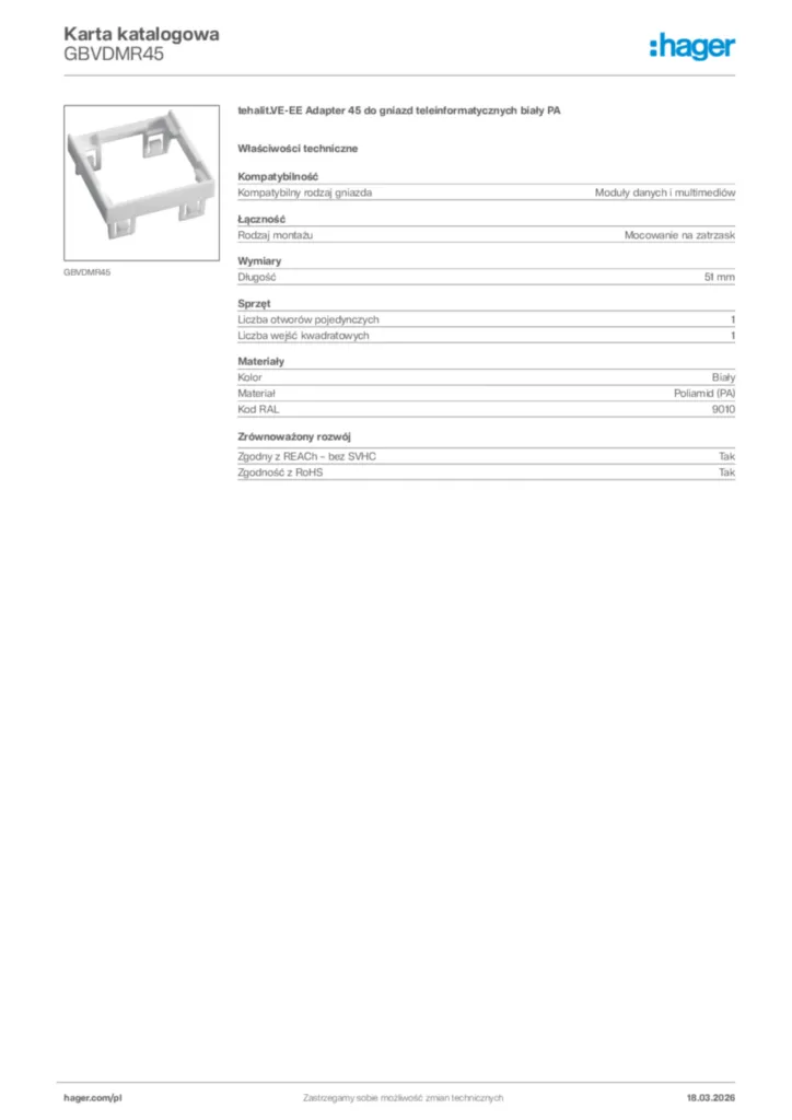 Zdjęcie Hager Karta katalogowa GBVDMR45 | Hager Polska