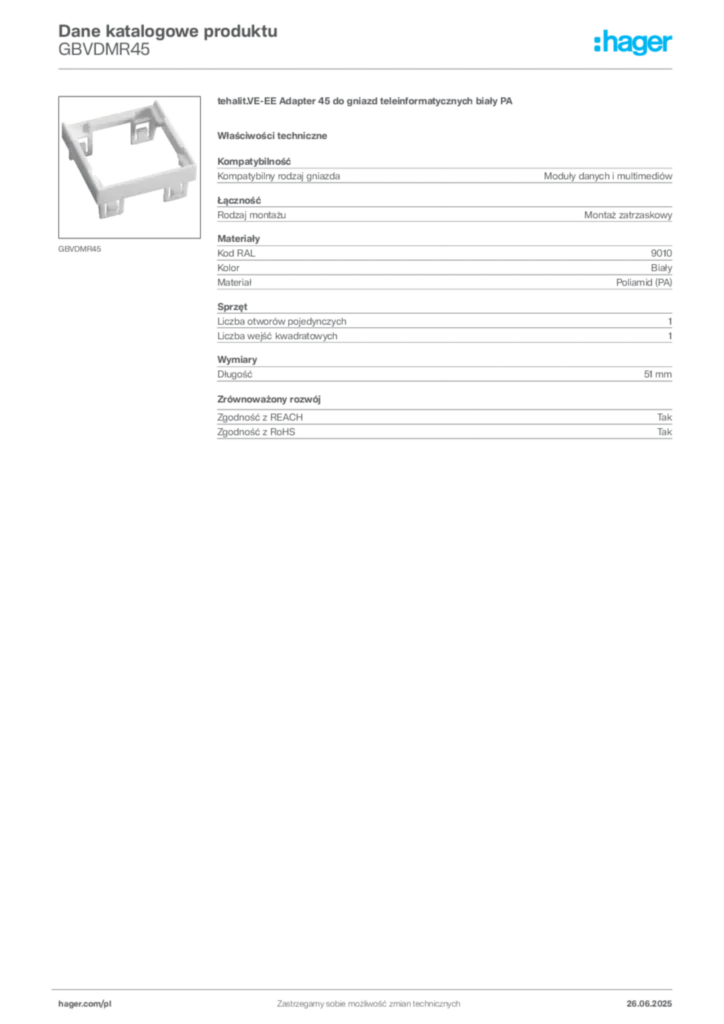 Zdjęcie Hager Dane katalogowe produktu GBVDMR45 | Hager Polska