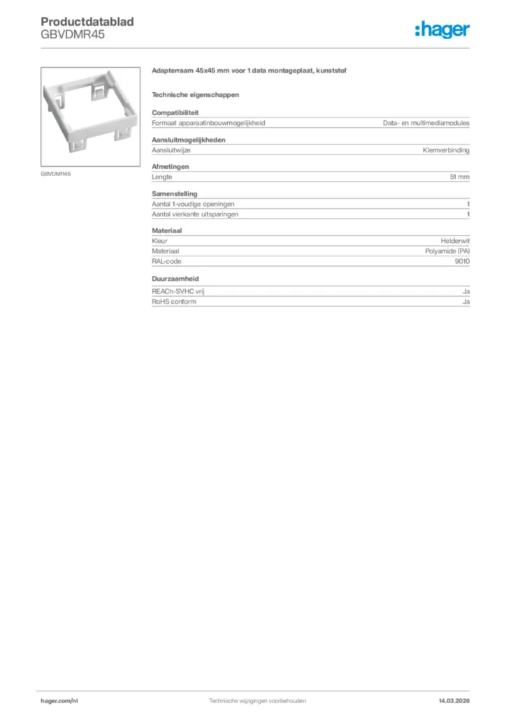 Afbeelding Hager Productdatablad GBVDMR45 | Hager Nederland