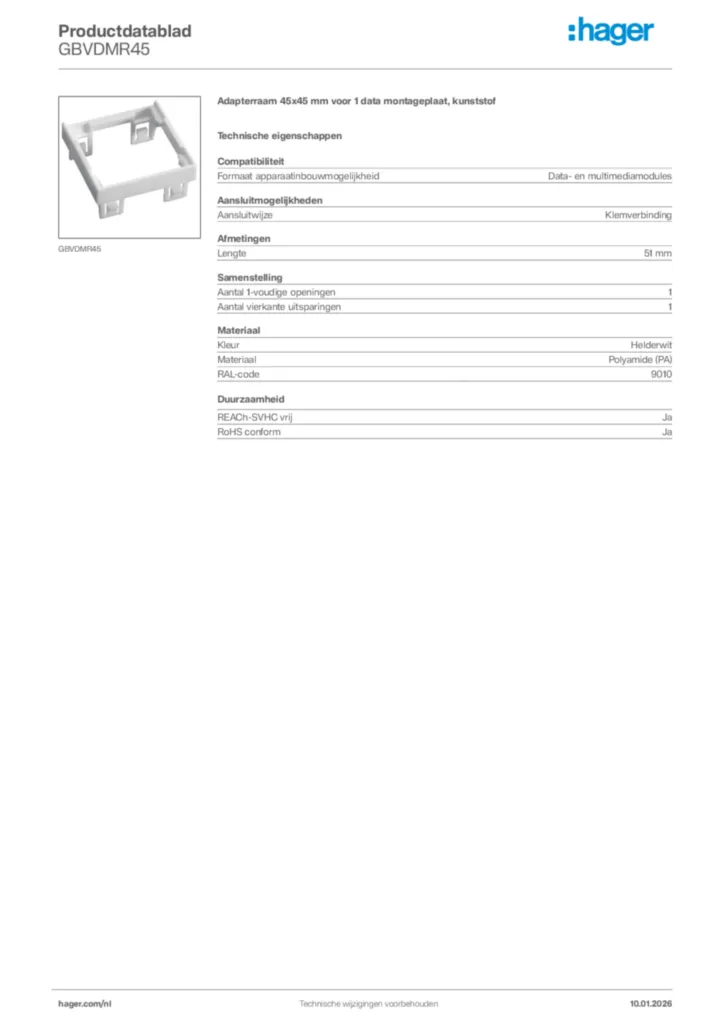 Afbeelding Hager Productdatablad GBVDMR45 | Hager Nederland