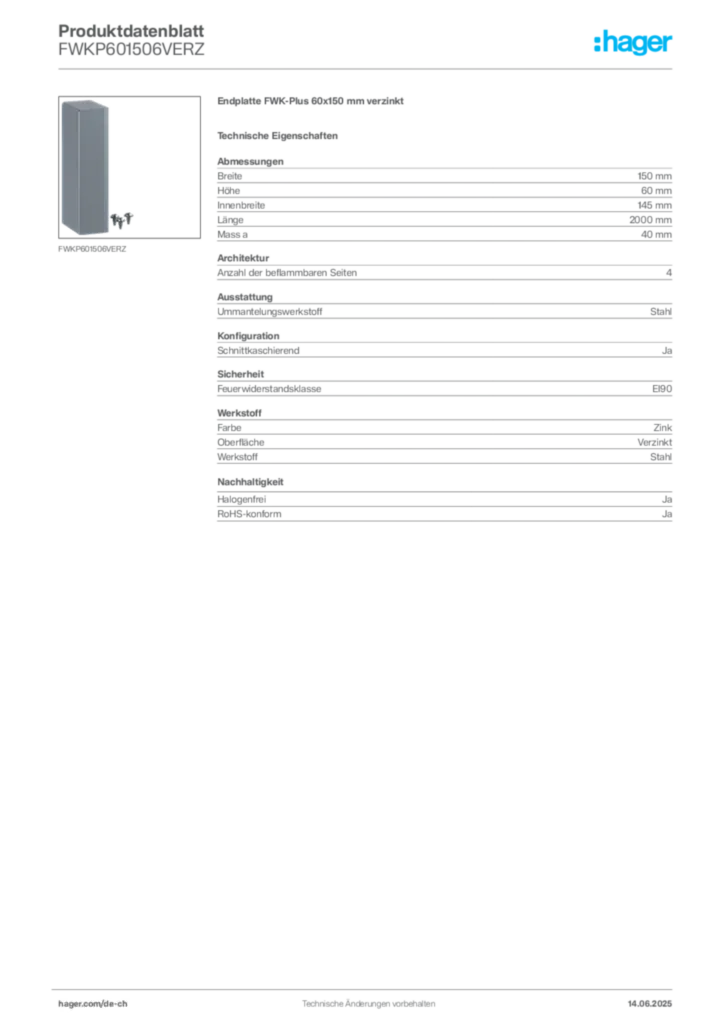 Bild Hager Produktdatenblatt FWKP601506VERZ | Hager Schweiz