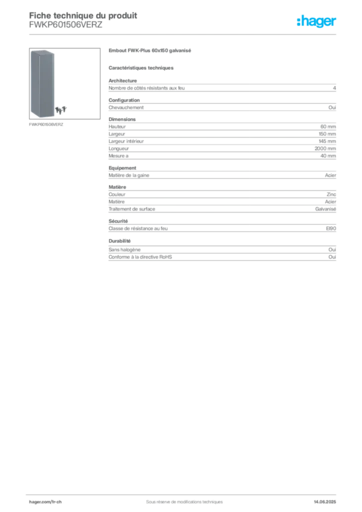 Image Hager Fiche technique du produit FWKP601506VERZ | Hager Suisse