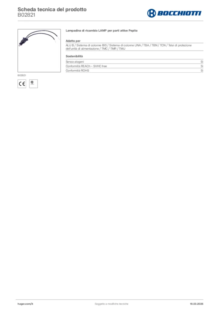 Immagine Bocchiotti Scheda tecnica del prodotto B02821 | Hager Italia