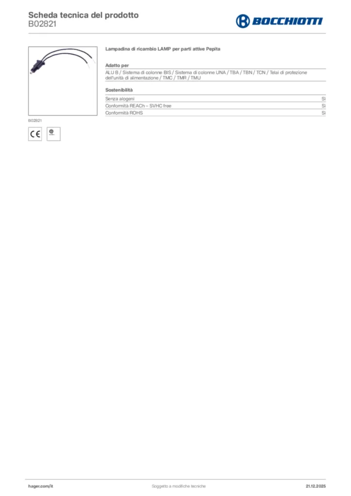 Immagine Bocchiotti Scheda tecnica del prodotto B02821 | Hager Italia