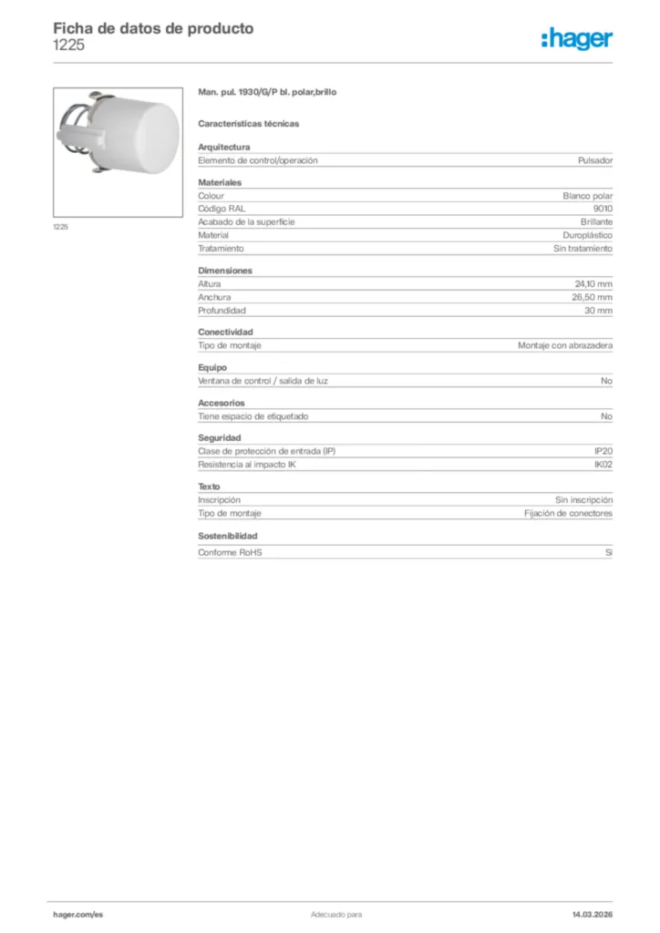 Imagen Hager Ficha de datos de producto 1225 | Hager España