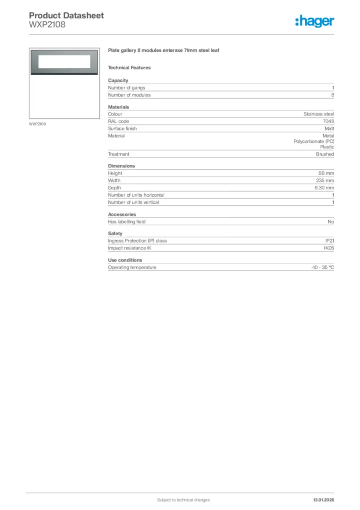 Image Hager Product data sheet WXP2108  | Hager