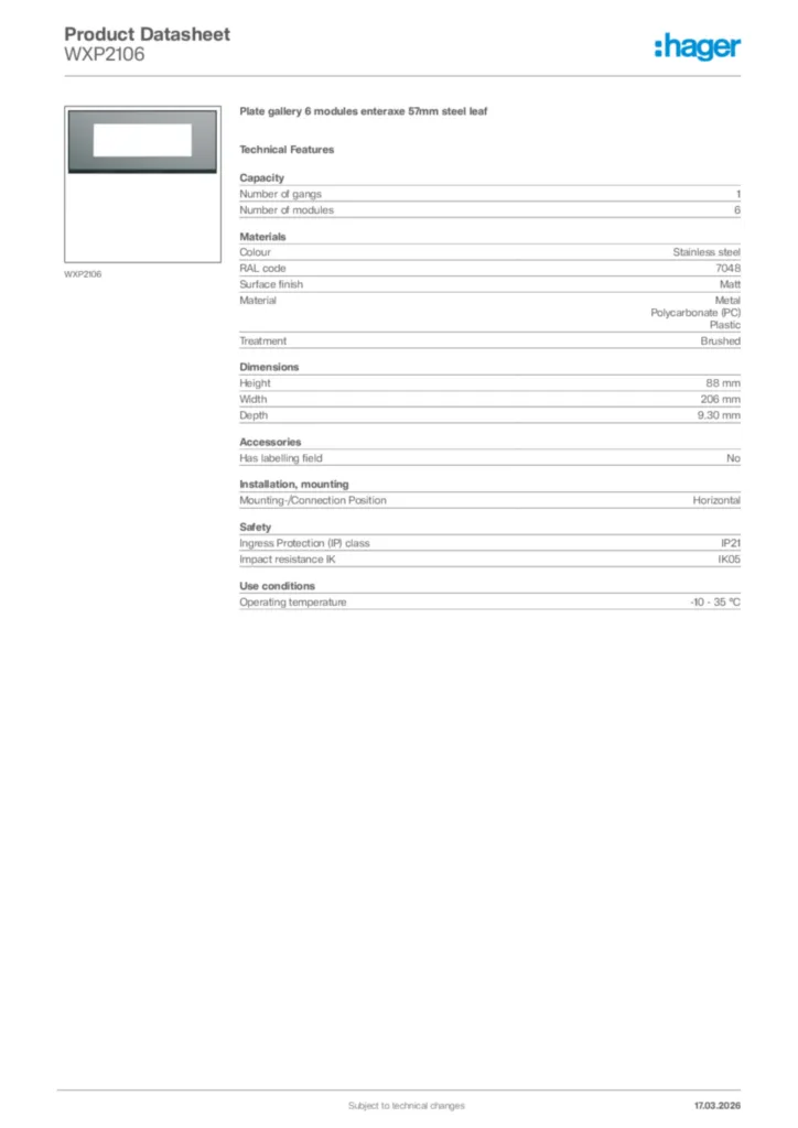 Image Hager Product data sheet WXP2106  | Hager Africa